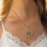 Round Hollow Tree of Life Pendant Necklace Stainless Steel Outer Ring Inlaid White CZ Clavicle Chain Versatile Jewelry Gold/Stee