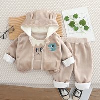 Toddler Boys 3Pcs Flannel Outfit Cute Dino Embroidery Ear Hooded Vest Long Sleeve Top Cuffed Warm Fall Daily Pants Suit