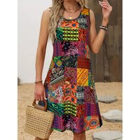 Women's Boho Patchwork Print Sleeveless A-Line Dress, Summer Casual Round Neck Sundress With Side Pockets