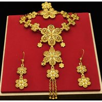 Nigerian Flower 24k Gold Plated Jewelry Set for Women Costume Dubai Indian Bridal Necklace Earrings Sets Wedding Party Gift