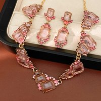 Pink Series Rhinestone Geometric Irregular Square Necklace Light Luxury Elegant Clavicle Chain Fashion Jewelry Set for Women
