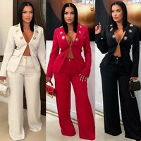 Two Pieces Women Long Pant Set Solid Matching Set Single Button Turn Down Collar Top Elastic Waist Pant Slim Casual 2025 Summer