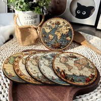 2D Retro World Map Coaster Set for Home Party Festival Gathering Bar Restaurant Office Decor Kitchen Dining Table