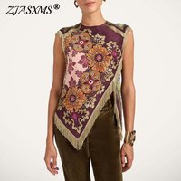 Ethnic Vintage Floral Print Woman Clothes Elegant O Neck Tassel Cross Split Irregular Top Summer Sleeveless Zipper Blouse Shirts
