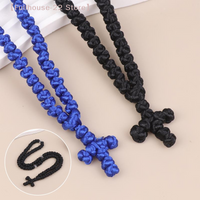 【MAX-22】1Pcs Black/Blue Komboskini Knot Necklace Handmade Orthodox Religous Rosary Prayer Rope Cross Jewelry Gift