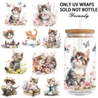 4PCS/SET Spring Watercolor Kitten DIY Light Beigeny Tumblers Wrap Decorative Transfer Paper UV DTF High Self-adhensive