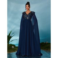 High-end evening dress with V-neck embroidered sequins, lotus leaf pearl chiffon and flappable sleeves