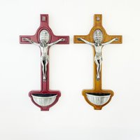 New Wooden Wall-Mounted Holy Water Font with Jesus Crucifix and Saint Benedict Medal for Christian Home Altar Prayer and Decor