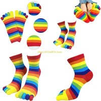 N5KE Winter Fall Breathable Cotton Anklet Socks Women Harajuku Rainbow Striped Toe Separator Five Finger Middle Tube Socks