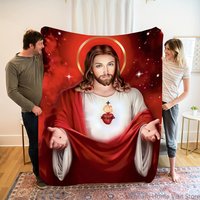 1pc Warm Sacred Jesus Sacred Heart Flannel Throw Blanket for Sofa, Bed,Travel, Camping, Livingroom, Office, Couch,Chair, And Bed
