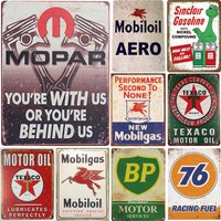 Vintage Mopar Mobil Texaco BP Gas & Oil Brand Logo Tin Signs Set, Retro Auto Garage Metal Wall Art, Rustic Decor Plaques for Wor