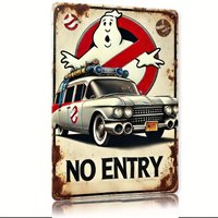 Retro Ghostbusters Metal Sign - "No Entry" Tin Wall Decor with Iconic Ecto-1 Firetruck Design, Rustic Iron Art for Home, Bar, C
