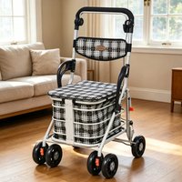 Senior Mobility Shopping Trolley, Foldable Rollator with Seat, 4 Wheel Lightweight Hand Cart, PP PVC Reinforced Grocery Wagon