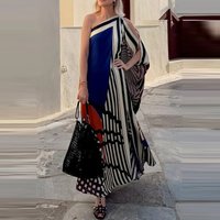 Sexy Slant Collar Irregular Vacation Dress Women Fashion Pattern Print Draped Summer Dress Elegant Hight Waist Loose Long Dress