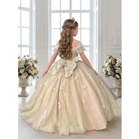 Customized Champagne Flower Girl Dress For Wedding Floor Length Appliques Butterflies With Bow Princess Quinceanera Ball Gown