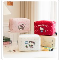Strawberry Milk Cartoon Hello Kitty Soft Cotton Makeup Bag for Girls, Portable Skincare Organizer, Student Toiletry Bag, Cute Ca