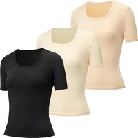3-piece women's summer solid color sexy U-neck short sleeved comfortable casual T-shirt fitness sports home slimming sweatshirt