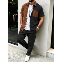 Men's 2 Piece Color Block Outfit, Short Sleeve Camp Collar Shirt with Chest Pocket and Drawstring Straight Leg Pants, Casual Co