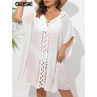 GIBSIE Plus Size Hollow Out Cover Up Beach V Neck Solid Sexy See Through Beach Dress Summer Bikinis Swimsuit Cover-ups For Women
