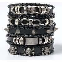 5pcs Metal Diy Braided Punk Style Bracelet Set, Featuring Pu Leather And Beads