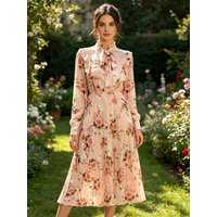 Women's Floral Print A-Line Dress Long Sleeve Ruffle Edge Casual Elegant Tie Waist Long Skirt