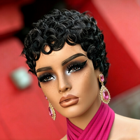 Short Pixie wave Human Hair Wigs, Natural Black Short waveHuman Hair Wig with Bangs, Full Machine Made Wigs, for African America