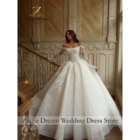 Customzied Luxury Off Shoulder Wedding Dress Long Sleeves Ball Gown Princess Bridal Gown with Cathedral Train Vestido De Novia