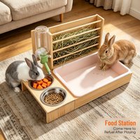 Mangeoire à foin 4 en 1 pour lapins avec bac à litière et bols, station d'alimentation en bois pour petits animaux avec porte-foin, distributeur de nourriture pour lapins