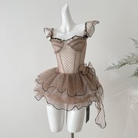 Flying Sleeve Polka Dot Lace Sexy Short Dress Mesh Zipper Fishbone Dresses Women Korean Chic Elegant Evening Backless Mini Dress