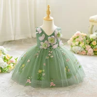 Baby Kids Birthday Green Flower Dresses for Girls 0-3Years Toddler Kids Wedding Party Ball Gown Flower Girls Summer Dress ASQ03