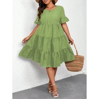 Women's Plus Size Tiered Midi Dress, Casual Round Neck Ruffle Short Sleeve A-Line Dress, Green Loose Summer Dress For Ladies