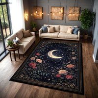 Dark Cottagecore Moon Floral Rug Starry Night Moon Roses Design Non-Slip Carpet Boho Celestial Floor Mat for Living Room