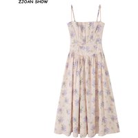 Romantic Women Beige Purple Floral Slash Collar Spliced Lace Hole Line Low Waist Long Sling Dress Fold Ruched Swing Dresses Robe