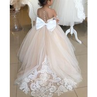 BABYONLINE V Neck Long Sleeve White Ivory Flower Girl Dresses for Wedding Guest Kids Bridesmaid with Bow Lace Appqulies Tulle