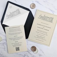 Letterpress Wedding Invitations,Embossing Wedding Invite with Custom Venue Sketch,Luxury Wedding Stationery with Venue Drawing