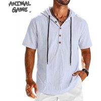 Summer Cotton Linen Shirts for Men Casual Shirts Lightweight Short Sleeve Button Beach Hooded Shirts Hawaiian T Shirts for Men
