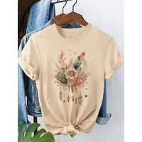90er Jahre T-Shirt mit Herz- und Feder-Grafikdruck Kurzarm-Rundhals-T-Shirt Lässiges Oberteil Sommer Frühling Damenkleidung Top Tee