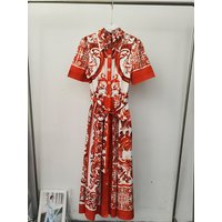 Designer Retro Geometric Print Lapel Belted Waist Short Sleeve Dress 2026 Summer Women's Fashion Loose Straight Shirt Skirt