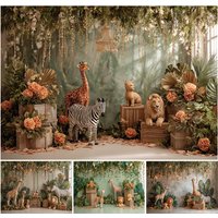 Safari Jungle Animals Backdrop Wild One Wildlife Giraffe Lion Tropical Leaf Flower Indoor Kids Portrait Photography Background