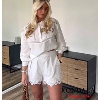 KONDALA Women Elegant Embroidered Set White Shorts Set O-Neck Loose Shirt Lace Shorts 2025 Summer Fashion High Street Shorts Set
