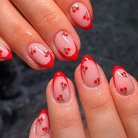 24pcs Upgrade Your Look With Red-edged cherry almond false nail set 1pc Nail File & 1Nail Glue Sticker Kit Nails