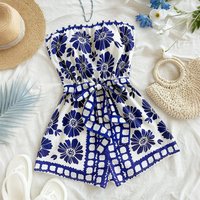 Summer 2026 Print Playsuit Women Strapless Lace-up Sashes High Waist Wide Legs Romper Jumpsuit Sleeveless Holiday 63942