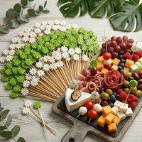 50Pcs Mixed Bamboo Cocktail Picks Daisy Monstera Leaf Disposable Fruit Skewers For Party Wedding Appetizers