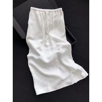 Recommended! Minimalist White Linen Half Skirt Women Comfortable Breathable Elastic Waist Drawstring Slit Straight Half Skirt