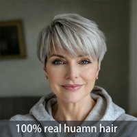 Silver Gray Short Pixie Cut Wigs Human Hair Layered Bazilian Hair with Bangs Straight Human Hair Wigs for Women Machine Made Cap