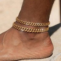 2PCS Stainless Steel Gold Plated Cuban Chain Ankle Chain for Women Men Fashion Simple Summer Beach Stackable Anklet Jewelry Gift