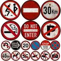 Vintage American Traffic & Prohibition Round Metal Tin Sign Set - Do Not Enter, No Parking, Speed Limit, No Smoking, One Way The