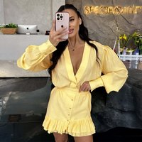 Bornlandies 2026 Spring New Women's V-neck Lantern Sleeve Dress Summer Lotus Leaf Edge Sleeve Irregular Dress