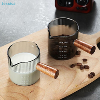 ♥Ribbed Glass Milk Frothing Cup with Wooden Handle - 120ml Measuring Cup for Coffee & Milk