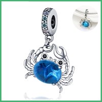 925 Sterling Silver Blue crab Charms Pendant with Cubic Zirconia,Fit DIY bracelet necklace Gift for Her,Colgante Plata